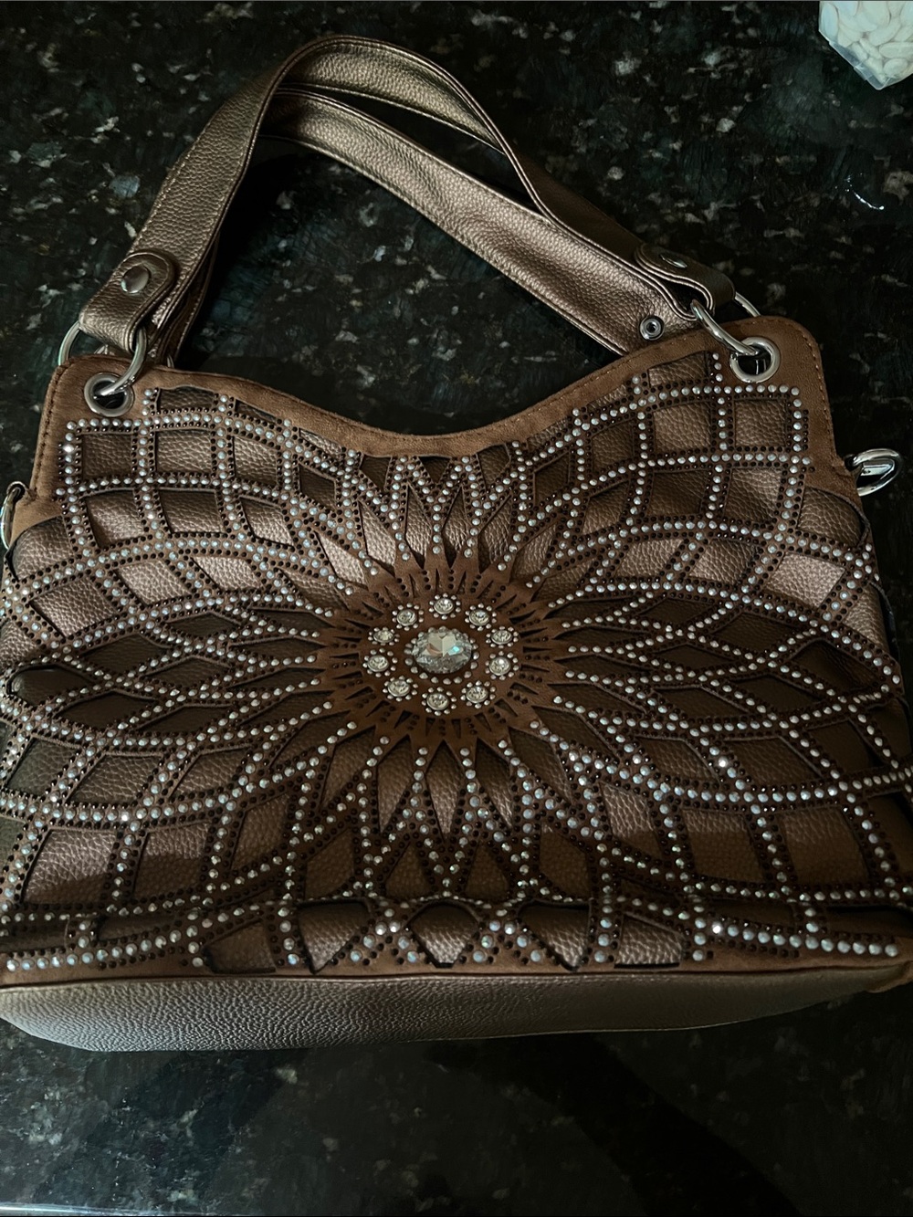 Embellished Floral Sunburst Shoulder Bag - Brown